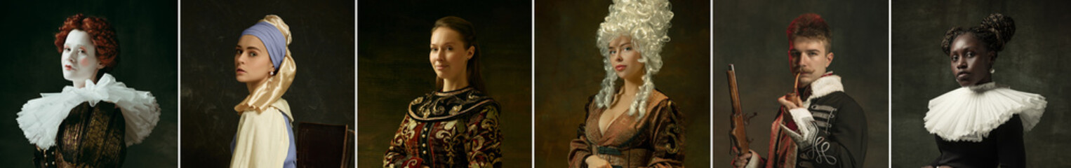 Medieval people as a royalty persons in vintage clothing on dark background. Concept of comparison of eras, modernity and renaissance, baroque style.