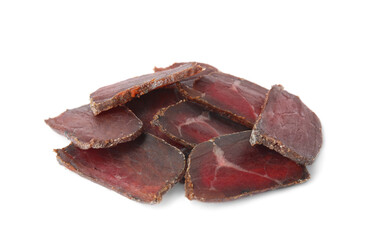 Delicious dry-cured beef basturma slices on white background