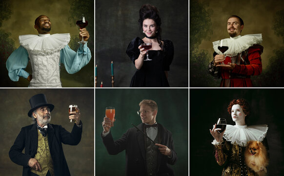 Multi Ethnic people in image of medieval royalty persons in vintage clothing with drinks on dark background. Concept of comparison of eras