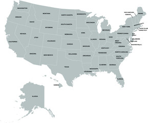 Blank grey-coloured administrative USA map divided to states isolated on white background. United States of America usa country. Vector template usa for website, design, cover, infographics.