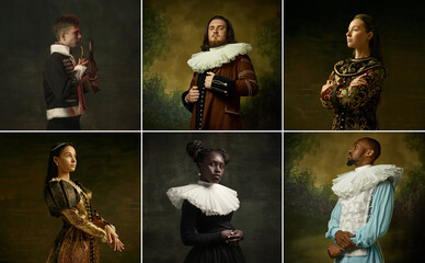 Medieval people as a royalty persons in vintage clothing on dark background. Concept of comparison of eras, modernity and renaissance, baroque style. - obrazy, fototapety, plakaty