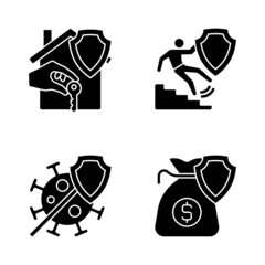 Types of insurance cases black glyph icons set on white space. Financial support at accidents. Insurance policy to protect customer. Silhouette symbols. Vector isolated illustration