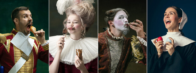 Medieval women and men as persons from famous artworks in vintage clothing on dark background....