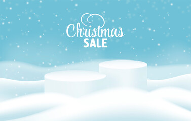 Christmas Winter Product podium on the background of drifts, snowflakes and snow. Realistic product podium for Christmas winter and christmas discount design, sale. Vector illustration EPS10