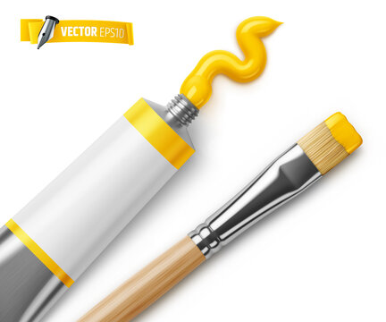Vector realistic illustration of a yellow paint tube and a paintbrush on a white background.