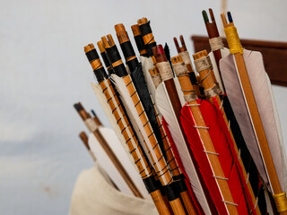 Medieval reenactment close up quiver with feathered arrows