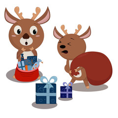 two christmas reindeer preparing gifts for the holiday