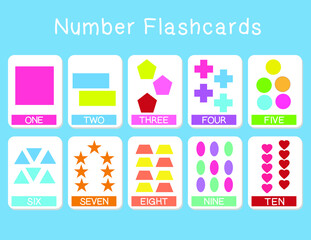 Fototapeta premium Cute number flashcards with geometric shapes set. English counting 1 to ten. Shapes Flashcards edition. Educational printable math flashcards. Vector illustration. 