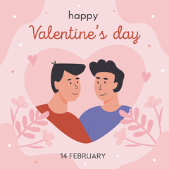 Valentines day square greeting card template for social media. Gay couple. Portrait of cute young couple. Homosexual romantic partners. Vector flat style illustration.