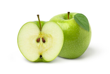 Fresh green apple fruit and halves with leaves isolated on white background.