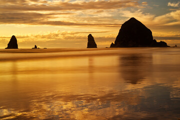 A golden springtime sunset reflects off of the falling tides at Cannon Beach on the coast of Oregon. © Andrew