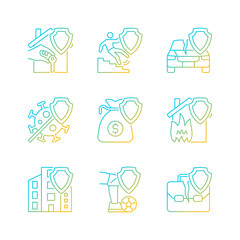 Accidents insurance cases gradient linear vector icons set. Insurance case coverage. Customer benefits. Customer safety. Thin line contour symbols bundle. Isolated outline illustrations collection