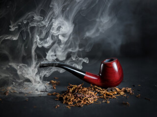 Smoking pipe, tobacco  and smoke on a black background . Relax . Nicotine . Cancer .