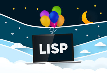 Lisp programming language. Balloons carries laptop with word Lisp