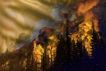 Forest fire natural disaster concept - infernal fire in the woods on Bhutan flag background - 3D illustration of nature
