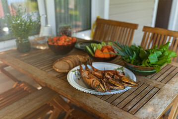Hot smoked Scomber and fresh vegetables.