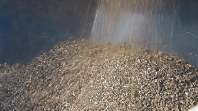 Pressed wooden briquettes coming out of the industrial equipment. Biomass fuel and environmental protection concept.