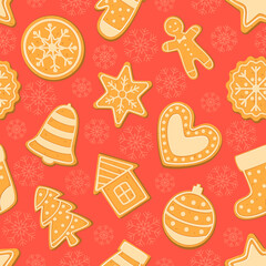 Christmas cookies on a red background. Seamless patterns on the New Year theme. Wrapping paper, fabric design. Vector image