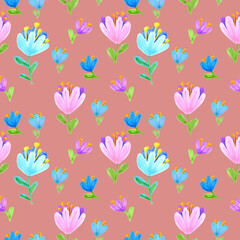 Fototapeta na wymiar Seamless pattern of flowers drawn with markers on a Pale Violet Red background. For fabric, sketchbook, wallpaper, wrapping paper. 