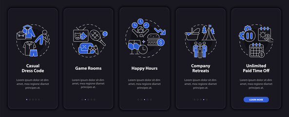 Worksite non-wage benefits onboarding mobile app page screen. Walkthrough 5 steps graphic instructions with linear concepts. UI, UX, GUI template. Night mode. Myriad Pro-Bold, Regular fonts used