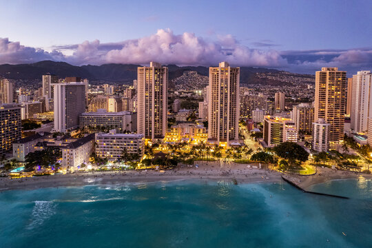 Aerial cityscape and Waikiki Beach at sunrise, Honolulu, Oahu, Hawaii, USA