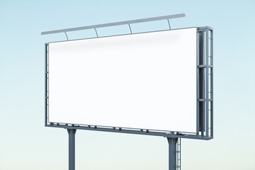 Blank white horizontal billboard on blue sky background at daytime, perspective view. Mockup, advertising concept