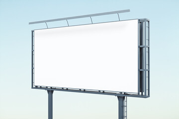 Obraz premium Blank white horizontal billboard on blue sky background at daytime, perspective view. Mockup, advertising concept