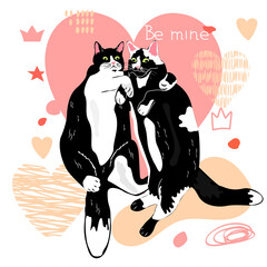 Couple of funny hugging cats in black and white.Cute characters on a background of abstract shapes, spots and hearts of pink color.Vector card with the phrase be mine.Hand drawn style illustration.