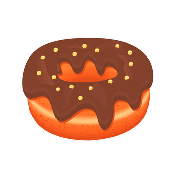 Delicious fluffy donut with chocolate cream. An appetizing sweet dessert decorated with gold powder.3D  baked food symbol design.Yummy doughnut isolated on white.Realistic vector illustration. 
