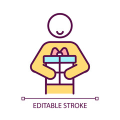 Receiving present RGB color icon. Birthday celebration. Cheerful holiday. Smiling boy holding gift. Isolated vector illustration. Simple filled line drawing. Editable stroke. Arial font used