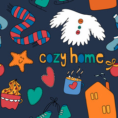 Winter colourful pattern with doodle graphic elements