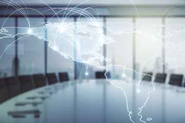 Double exposure of abstract digital world map hologram with connections on a modern boardroom background, big data and blockchain concept