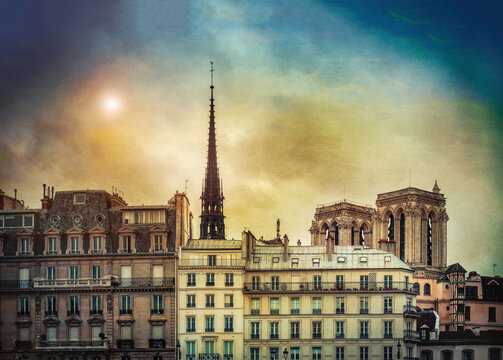 Notre Dame and city skyline, Paris, France