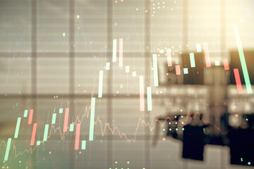 Obraz premium Double exposure of virtual creative financial diagram on a modern boardroom background, banking and accounting concept