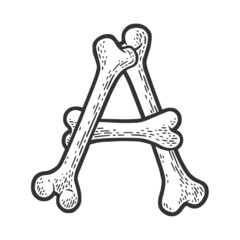 letter A made of bones sketch engraving vector illustration. Bones font. T-shirt apparel print design. Scratch board imitation. Black and white hand drawn image.