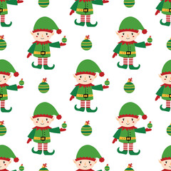 Christmas elf character in green costume and christmas ornaments vector seamless pattern background for winter holidays design.