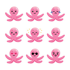 Set, collection, pack of octopus  emoji, vector cartoon style icons of pink baby octopus characters with different facial expressions, happy, sad, joyful, wearing sunglasses.

