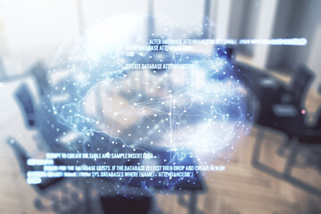 Multi exposure of abstract programming language hologram and world map on a modern furnished office interior background, artificial intelligence and neural networks concept