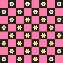 Cute White Daisy Flower Smile Smiley Element Black Pink Checkered Gingham Pattern. Cartoon Illustration, Mat, Fabric, Textile, Scarf, Wrapping Paper