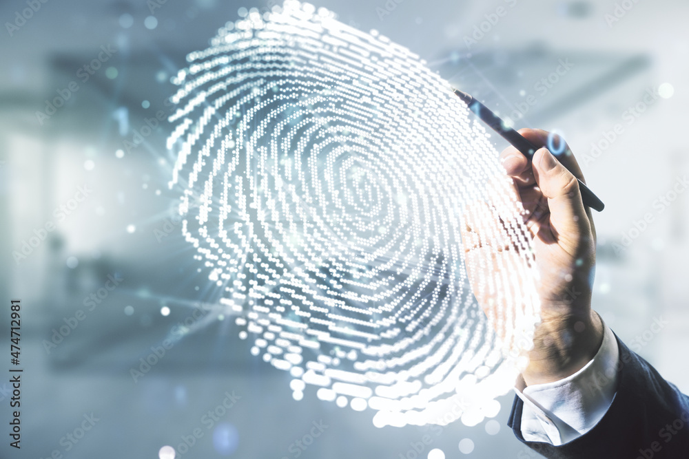 Poster man hand with pen working with abstract virtual fingerprint illustration on blurred office backgroun