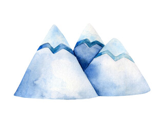 Watercolor blue mountains illustration. Cartoon hills isolated on white. Triangle mount hand drawn clip art.