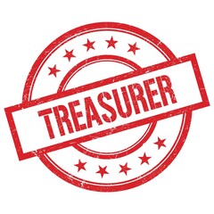 TREASURER text written on red vintage round stamp.