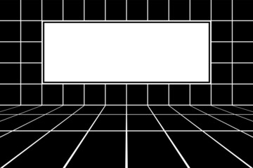 Black interior background with white empty screen in perspective view.