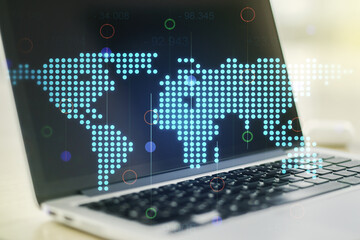 Double exposure of abstract digital world map on computer background, big data and blockchain concept