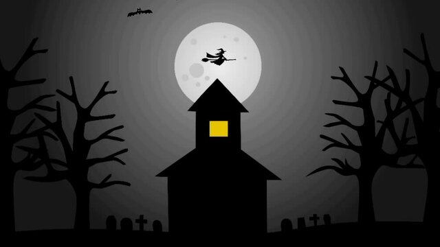 animated halloween night illustration with spooky house, flying bats, and witch