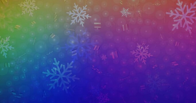 4K looping dark multicolor animation in Christmas style. Holographic abstract video with snow and stars. Clip for holyday commercials. 4096 x 2160, 30 fps.