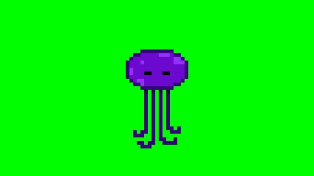 cute purple jellyfish pixel animation on green screen