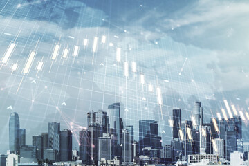 Multi exposure of virtual abstract financial chart hologram and world map on Los Angeles skyscrapers background, research and analytics concept