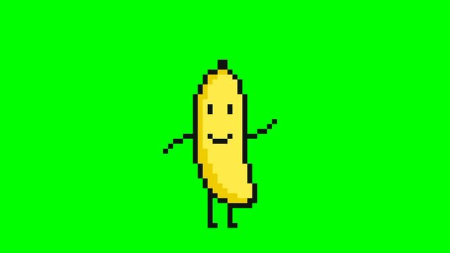 Dancing banana pixel art animation on green screen background