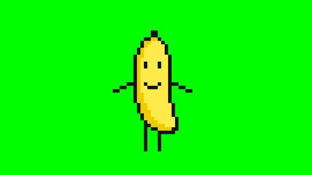 Jumping banana pixel art animation on green screen background